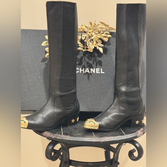 CHANEL Black Boots with Gold Toe Details - Picture 2 of 5